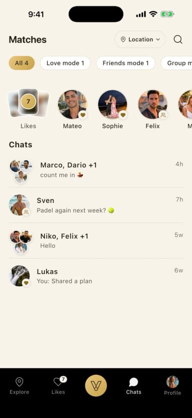 The chats overview in the Vennu app with matches and group chats