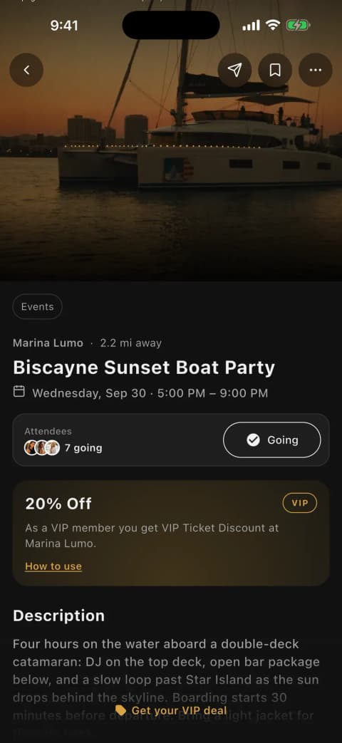 An event page in the Vennu app with date, place and who's going
