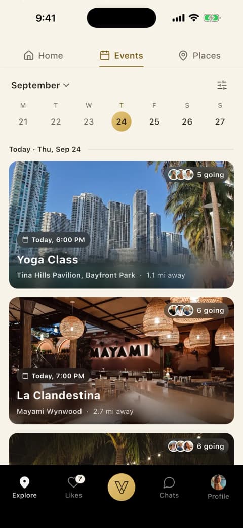 The Vennu events calendar with a week strip and this week's events