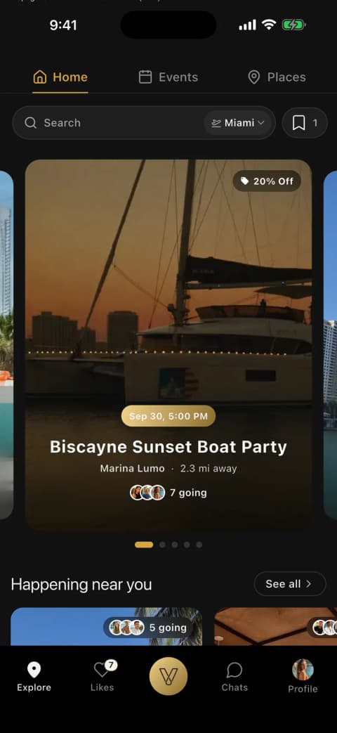 The Events tab in the Vennu app with tonight's picks, deals and places nearby