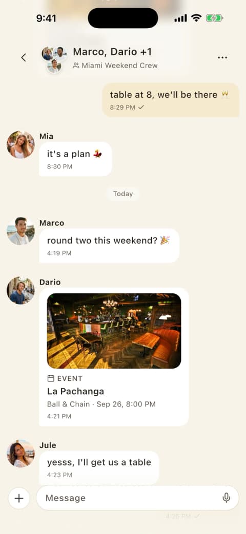 A group chat planning a night out in the Vennu app