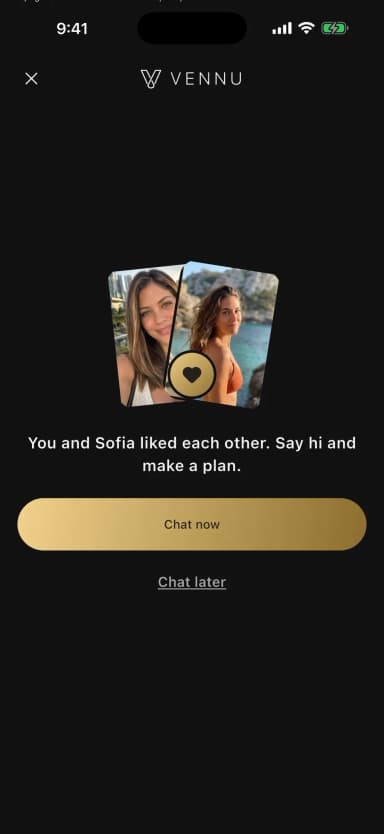The “It's a match” screen in the Vennu app