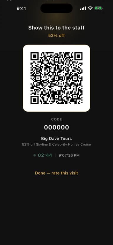 A VIP pass with a QR code to show at the venue in the Vennu app