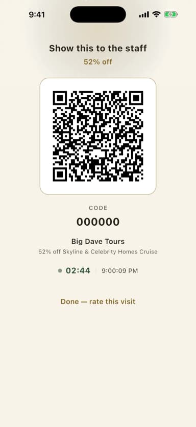 A VIP pass with a QR code to show at the venue in the Vennu app
