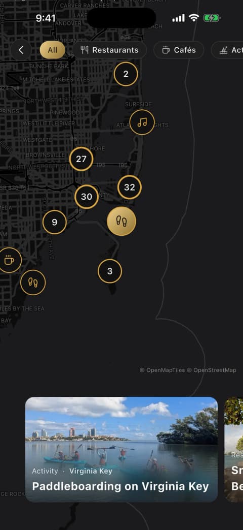 La carte Vennu avec les événements et les lieux sous forme d’épingles