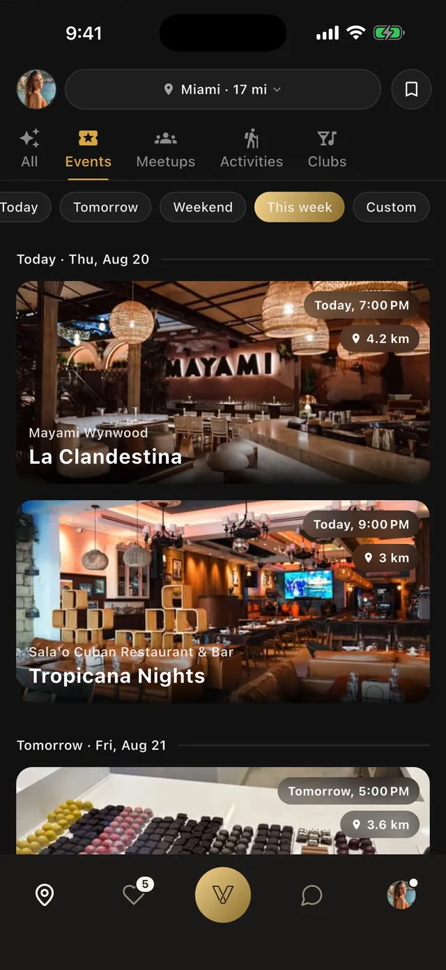 Der Events-Tab der Vennu-App mit den Plänen für heute Abend in Miami