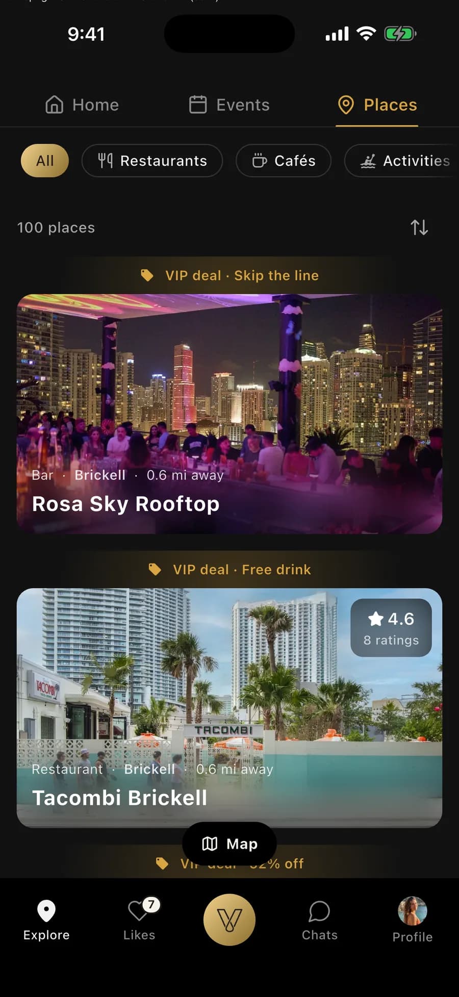 Der Orte-Tab der Vennu-App mit Bars, Restaurants und Beach Clubs